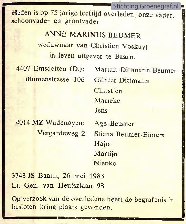 Overlijdensscan Anne Marinus  Beumer