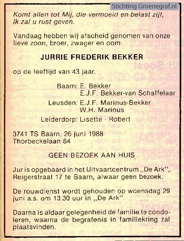 Overlijdensscan Jurrie Frederik  Bekker