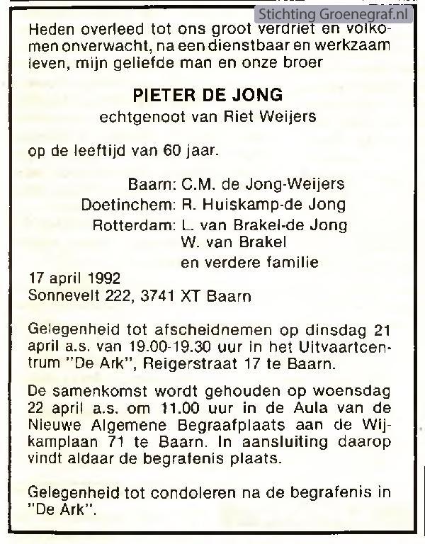 Overlijdensscan Pieter de Jong