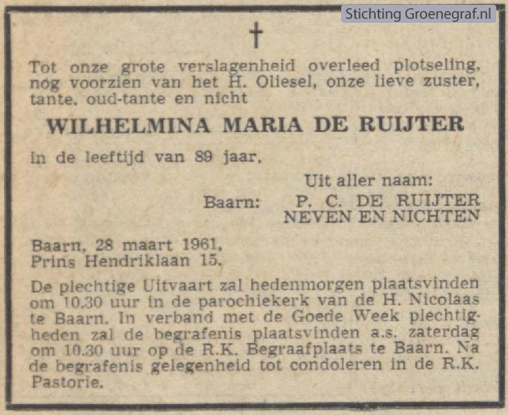 Overlijdensscan Wilhelmina Maria de Ruijter