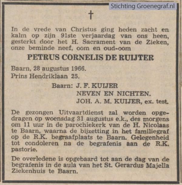 Overlijdensscan Petrus Cornelis de Ruijter