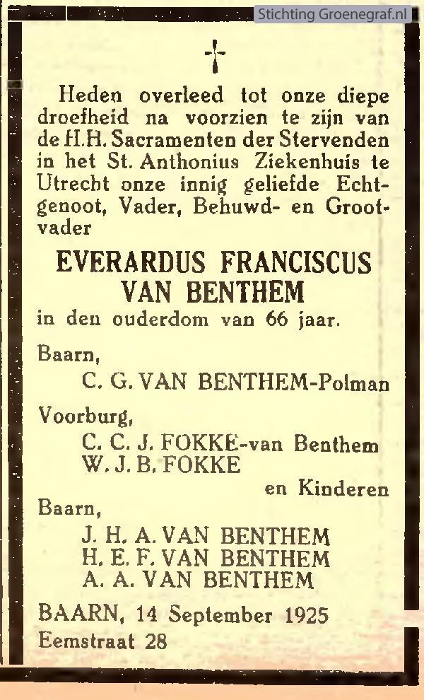 Overlijdensscan Henricus Everardus Franciscus van Benthem