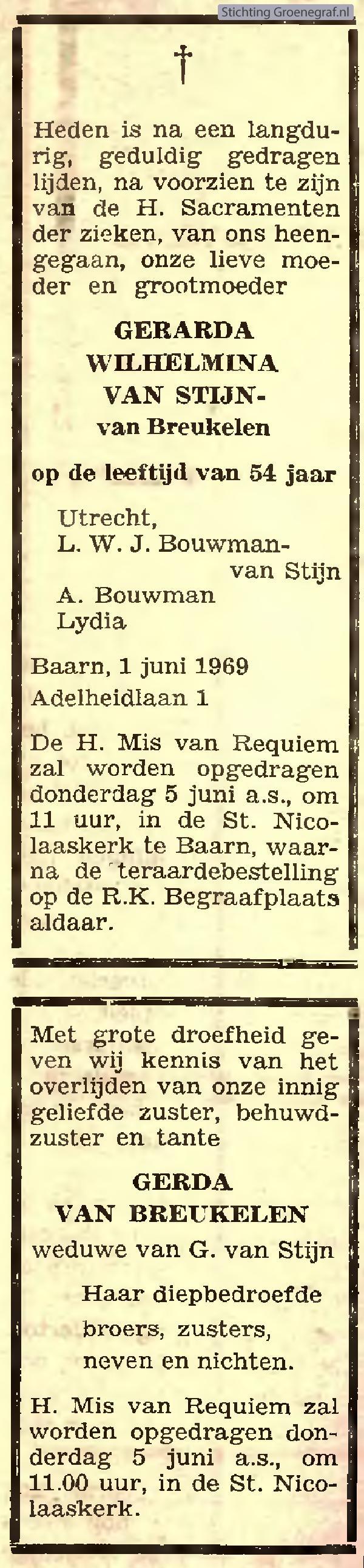 Overlijdensscan Gerarda Wilhelmina van Breukelen