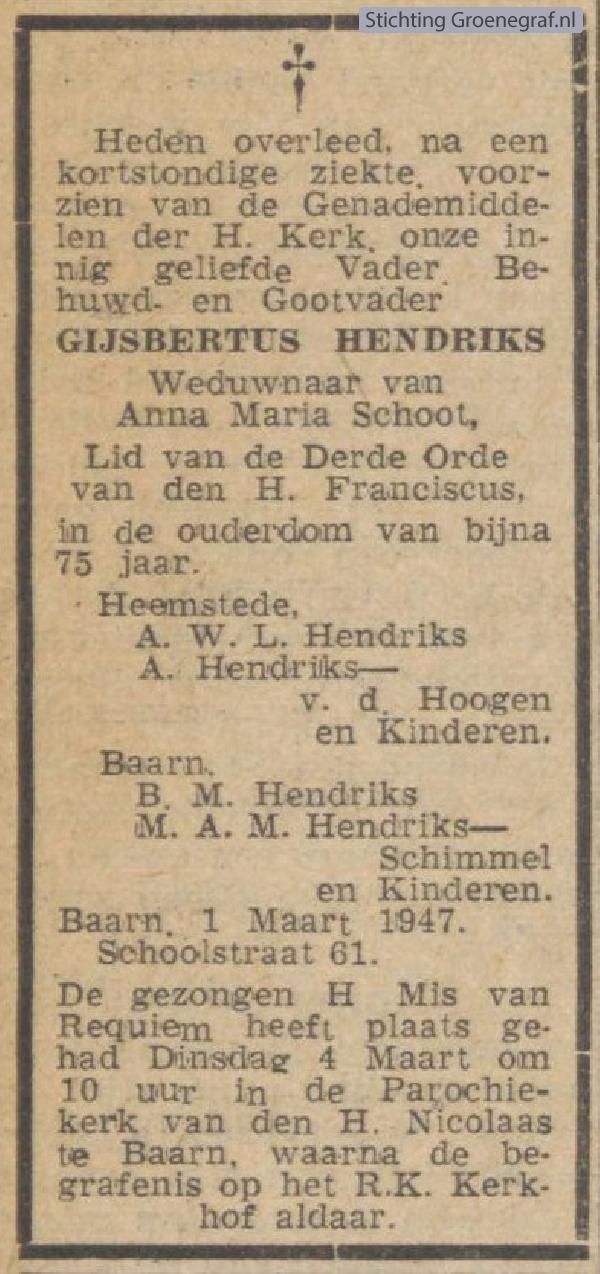 Overlijdensscan Gijsbertus  Hendriks