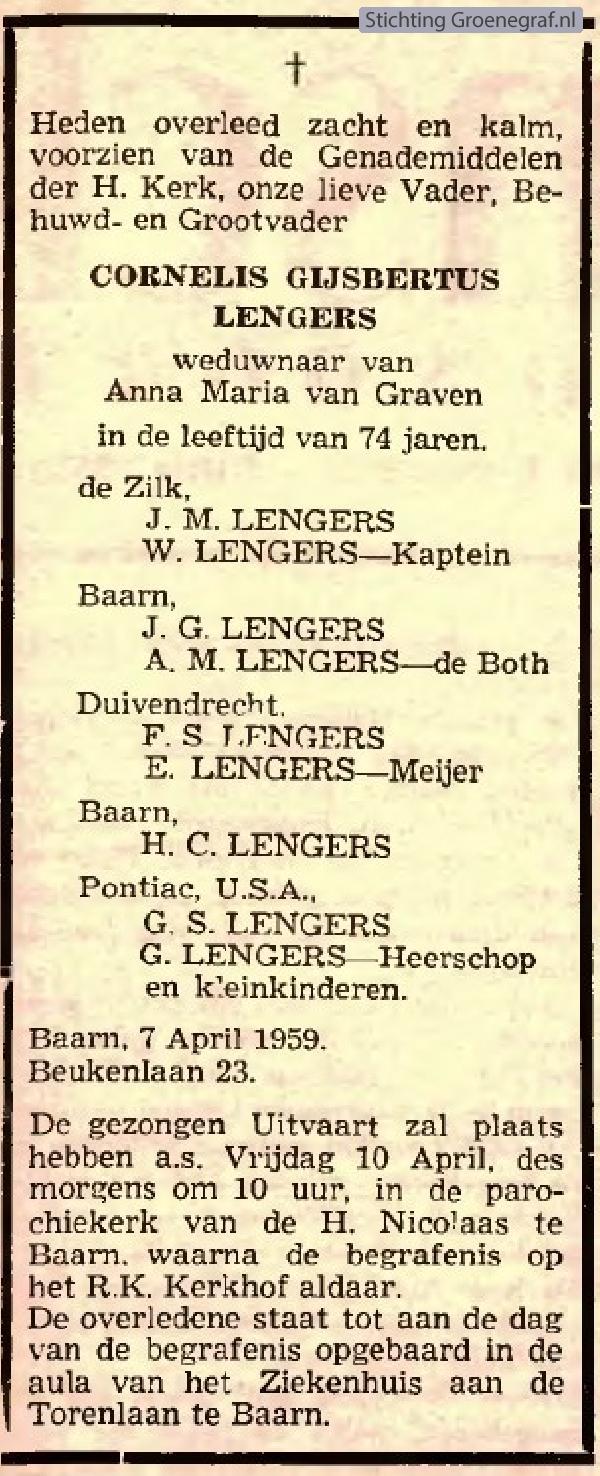 Overlijdensscan Cornelis Gijsbertus  Lengers