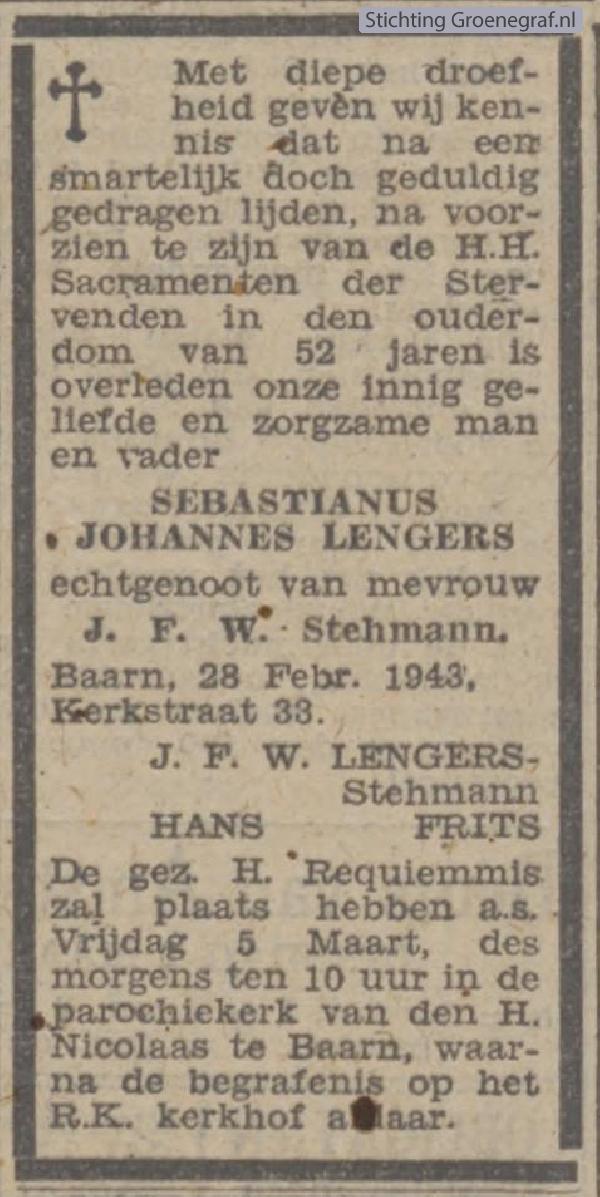 Overlijdensscan Sebastianus Johan  Lengers