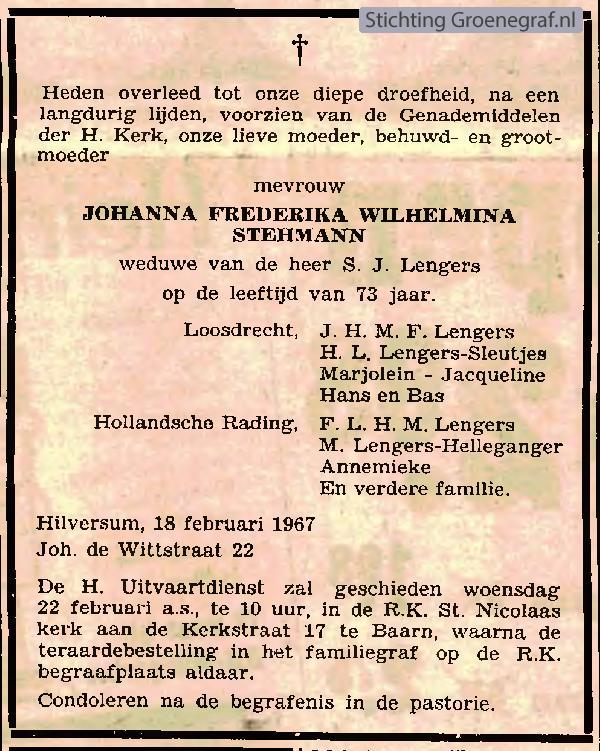 Overlijdensscan Johanna Frederica Wilhelmina  Stehmann