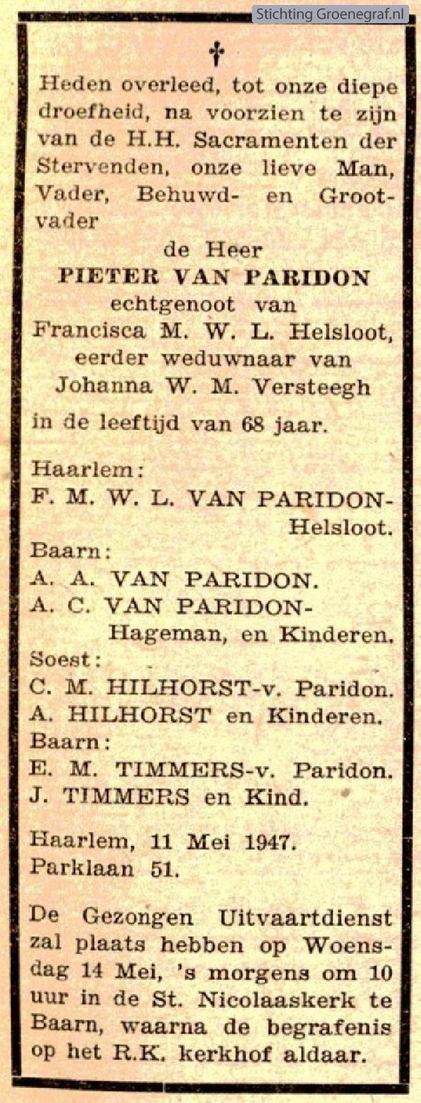 Overlijdensscan Pieter van Paridon