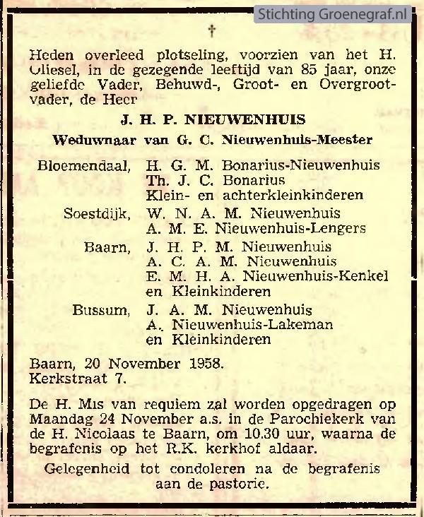 Overlijdensscan Jan Hendrik Petrus  Nieuwenhuis