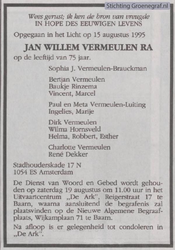 Overlijdensscan Jan Willem  Vermeulen