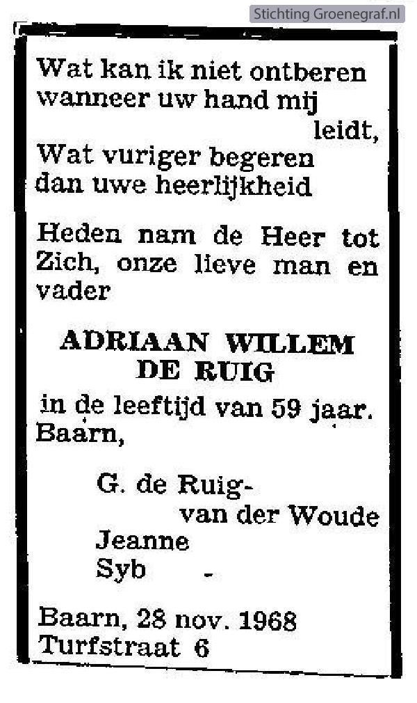 Overlijdensscan Adriaan Willem de Ruig