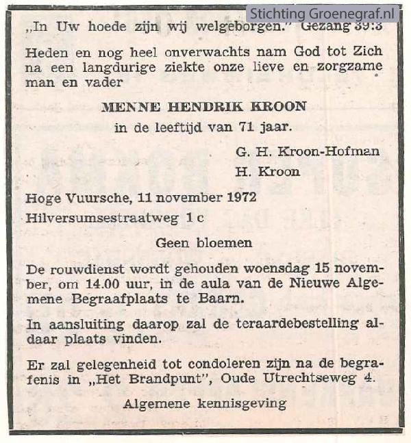 Overlijdensscan Menne Hendrik  Kroon