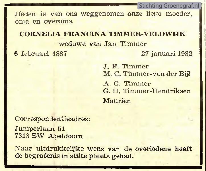 Overlijdensscan Cornelia Francina  Veldwijk