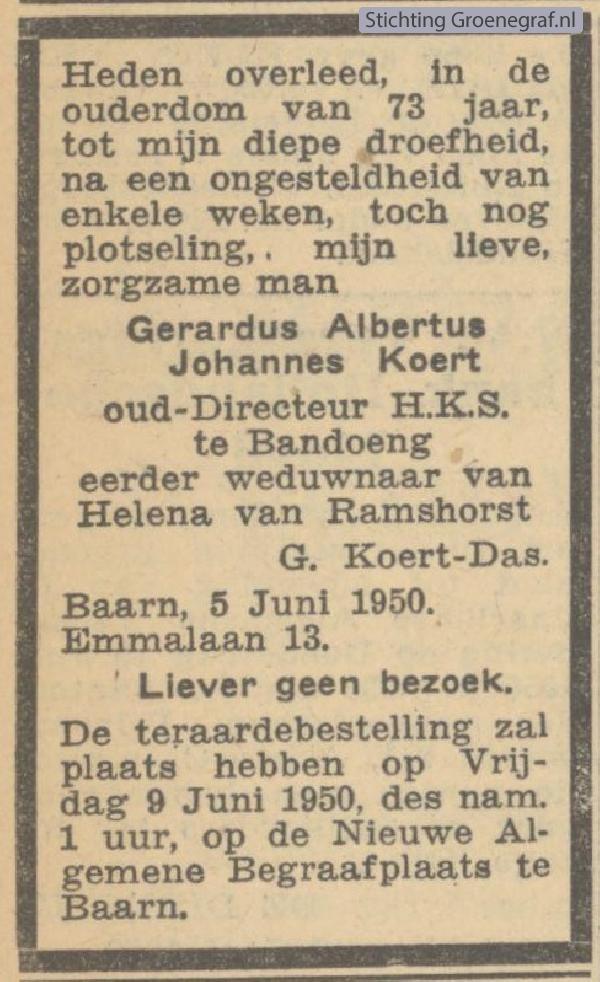 Overlijdensscan Gerardus Albertus Johannes  Koert