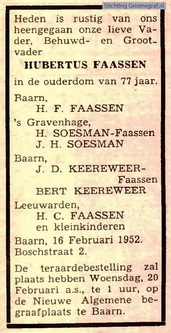 Overlijdensscan Hubertus  Faassen