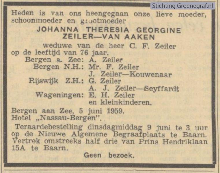 Overlijdensscan Johanna Theresia Georgina van Aaken