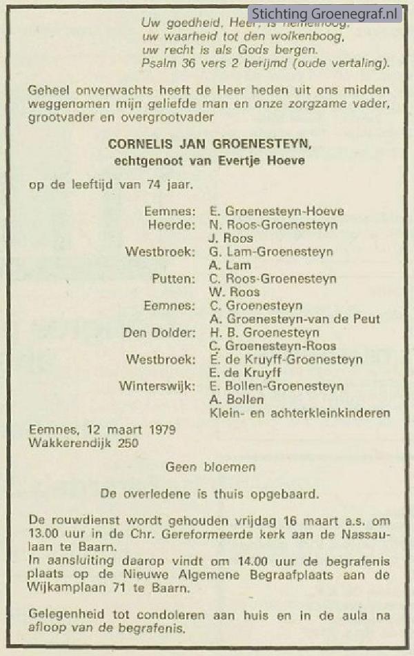 Overlijdensscan Cornelis Jan  Groenesteijn