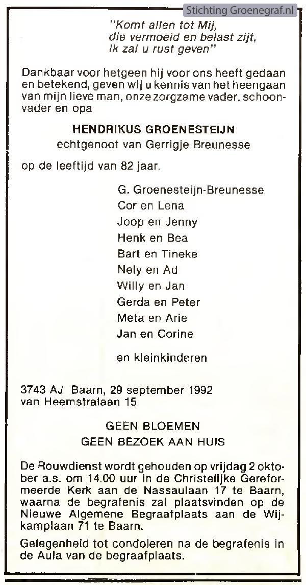 Overlijdensscan Hendrikus  Groenesteijn