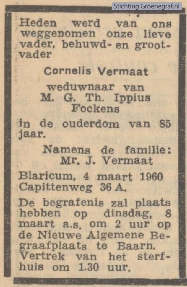 Overlijdensscan Cornelis  Vermaat