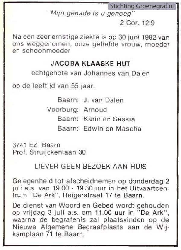 Overlijdensscan Jacoba Klaaske  Hut