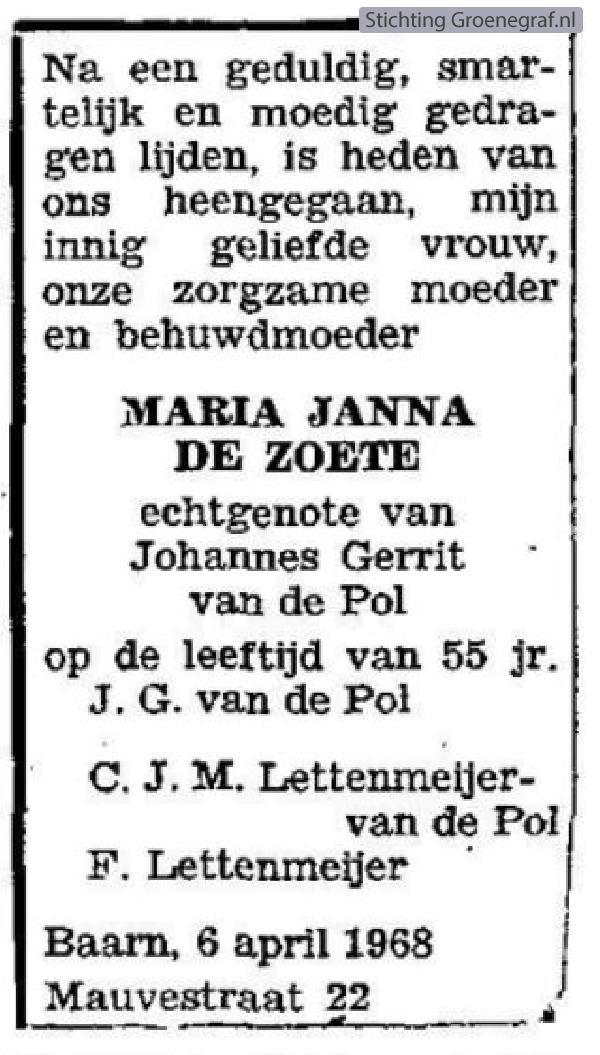 Overlijdensscan Maria Janna de Zoete
