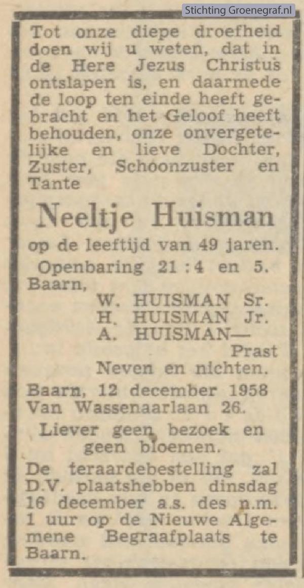 Overlijdensscan Neeltje  Huisman
