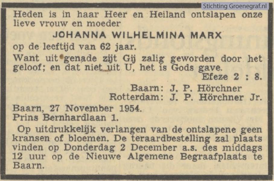 Overlijdensscan Johanna Wilhelmina  Marx