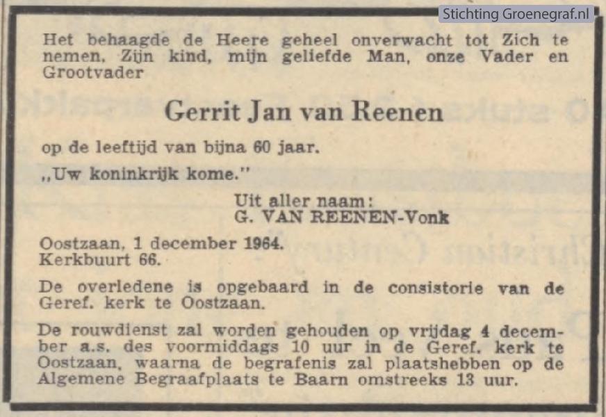 Overlijdensscan Gerrit Jan van Reenen