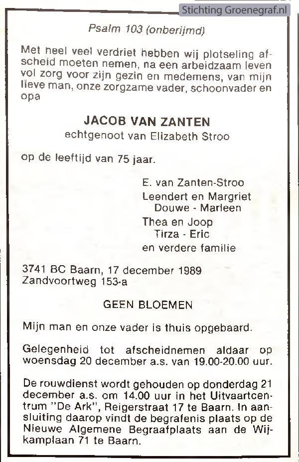 Overlijdensscan Jacob van Zanten