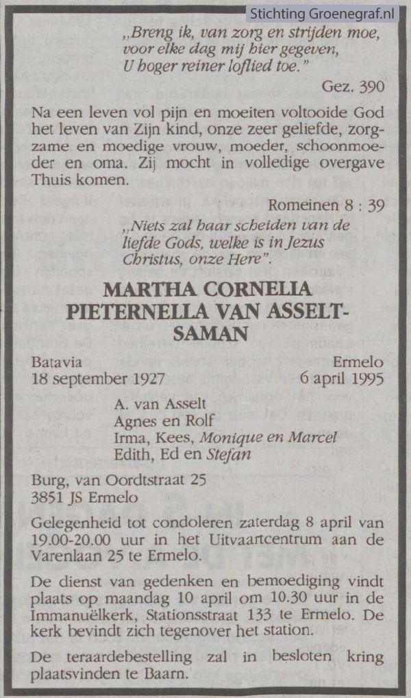 Overlijdensscan Martha Cornelia Pieternella  Saman