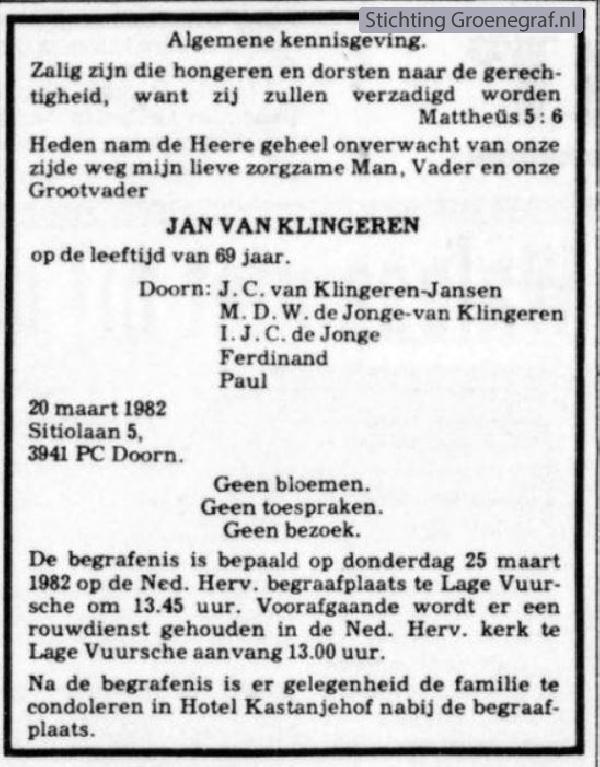 Overlijdensscan Jan van Klingeren