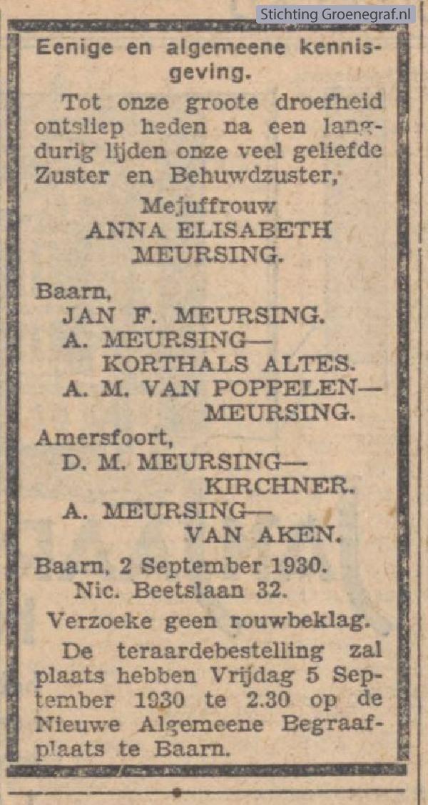 Overlijdensscan Anna Elisabeth  Meursing