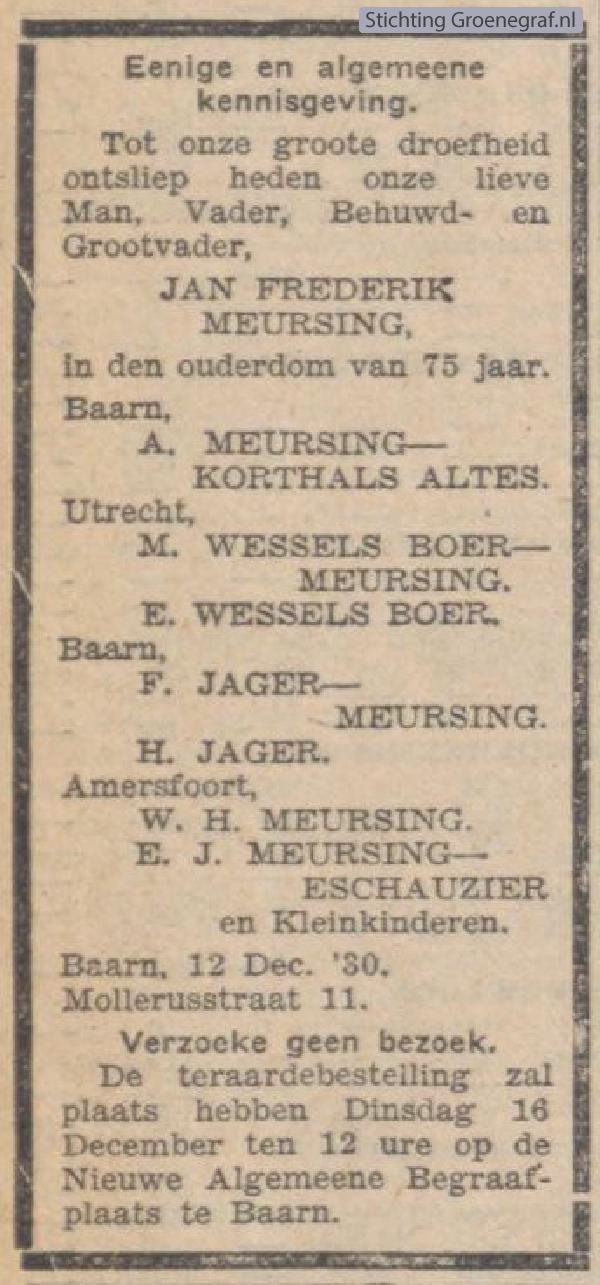 Overlijdensscan Jan Frederik  Meursing