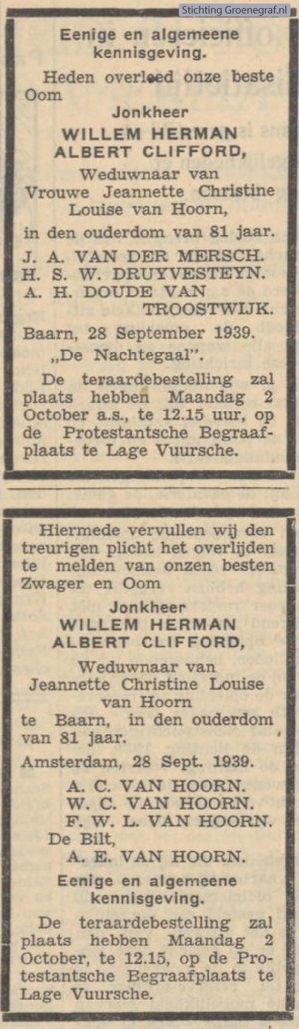 Overlijdensscan Willem Herman Albert  Clifford