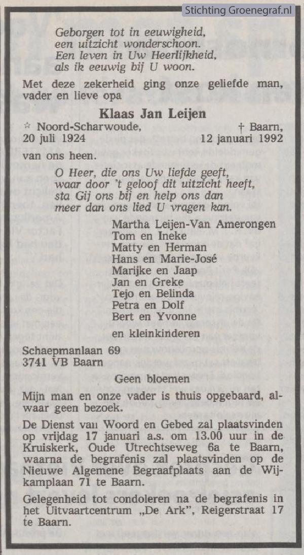 Overlijdensscan Klaas Jan  Leijen