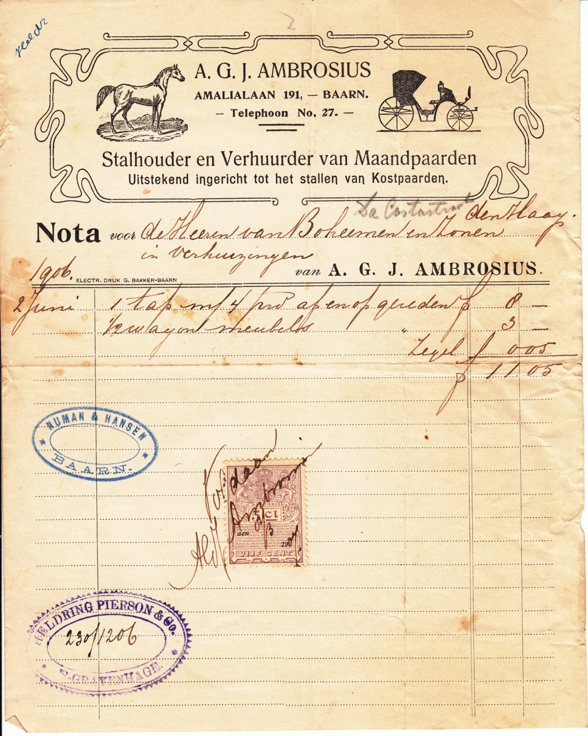 A.G.J. Ambrosius, Stalhouder en Verhuurder van Maandpaarden